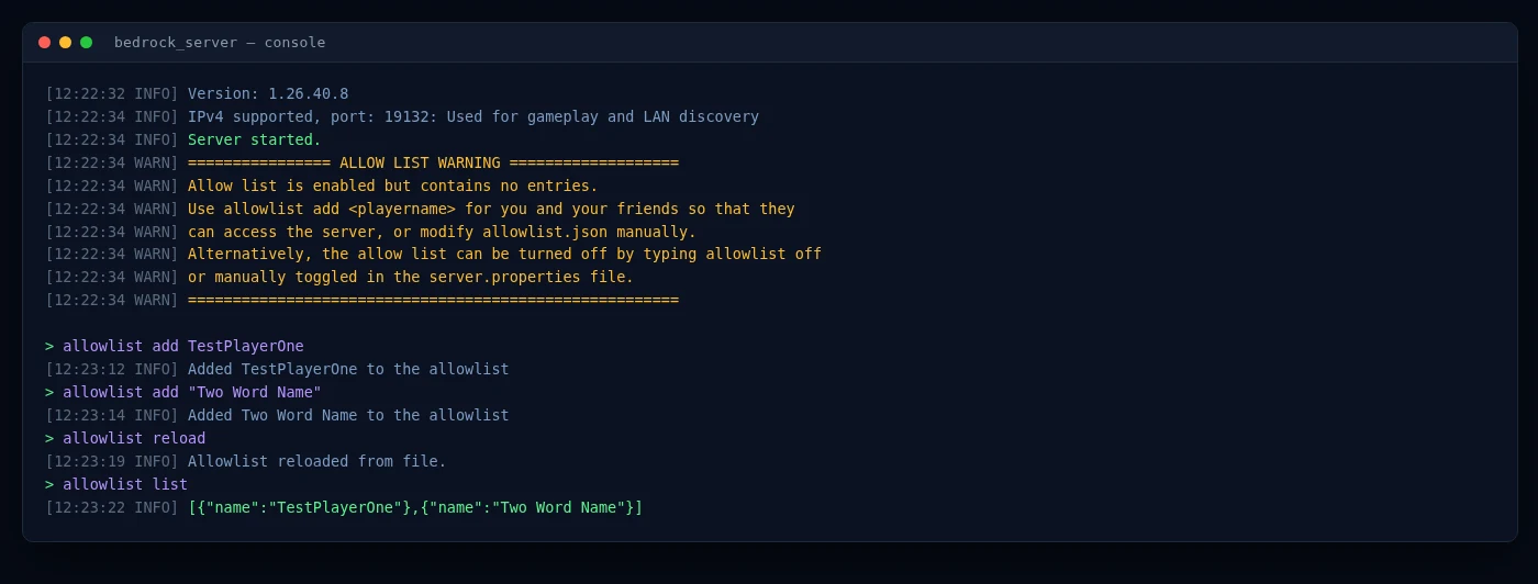 Bedrock server console: an ALLOW LIST WARNING that the allow list is enabled but contains no entries, followed by allowlist add, allowlist reload and allowlist list commands