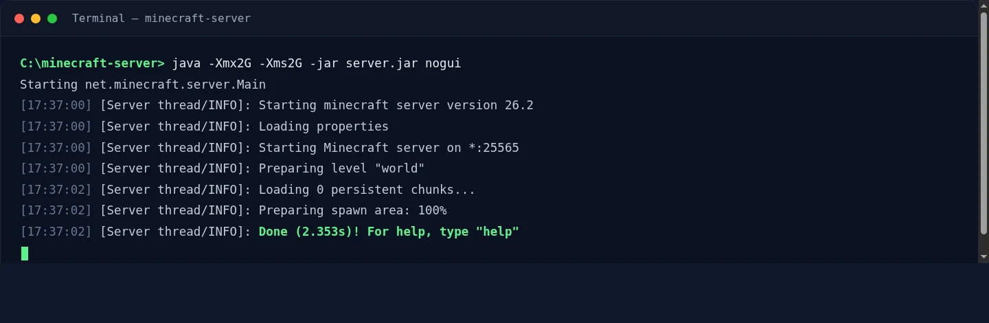 Minecraft server console showing the startup log ending in Done (2.353s)