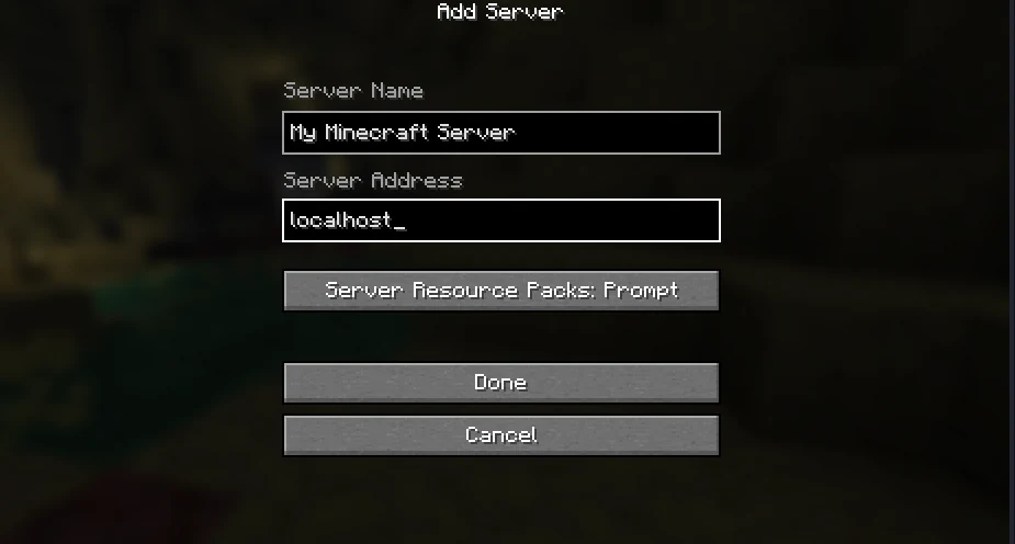 Minecraft Java Edition Add Server screen with Server Address set to localhost