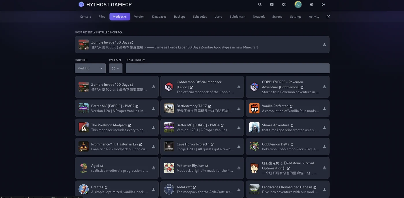 GameCP modpack installer searching Modrinth, showing Cobblemon, Better MC, Pixelmon, Prominence II and other modpacks with one-click install