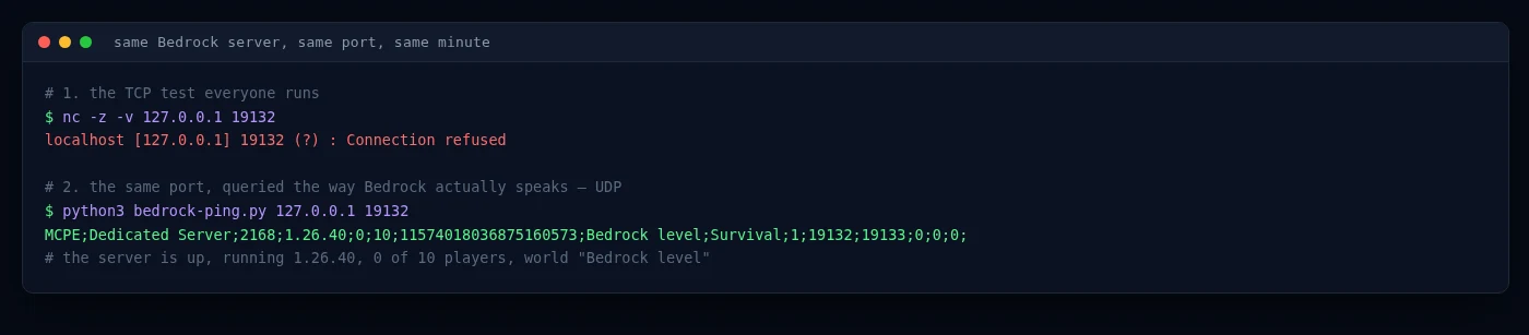 Terminal: a TCP probe of port 19132 answers Connection refused while a UDP Bedrock query of the same port returns the server status line