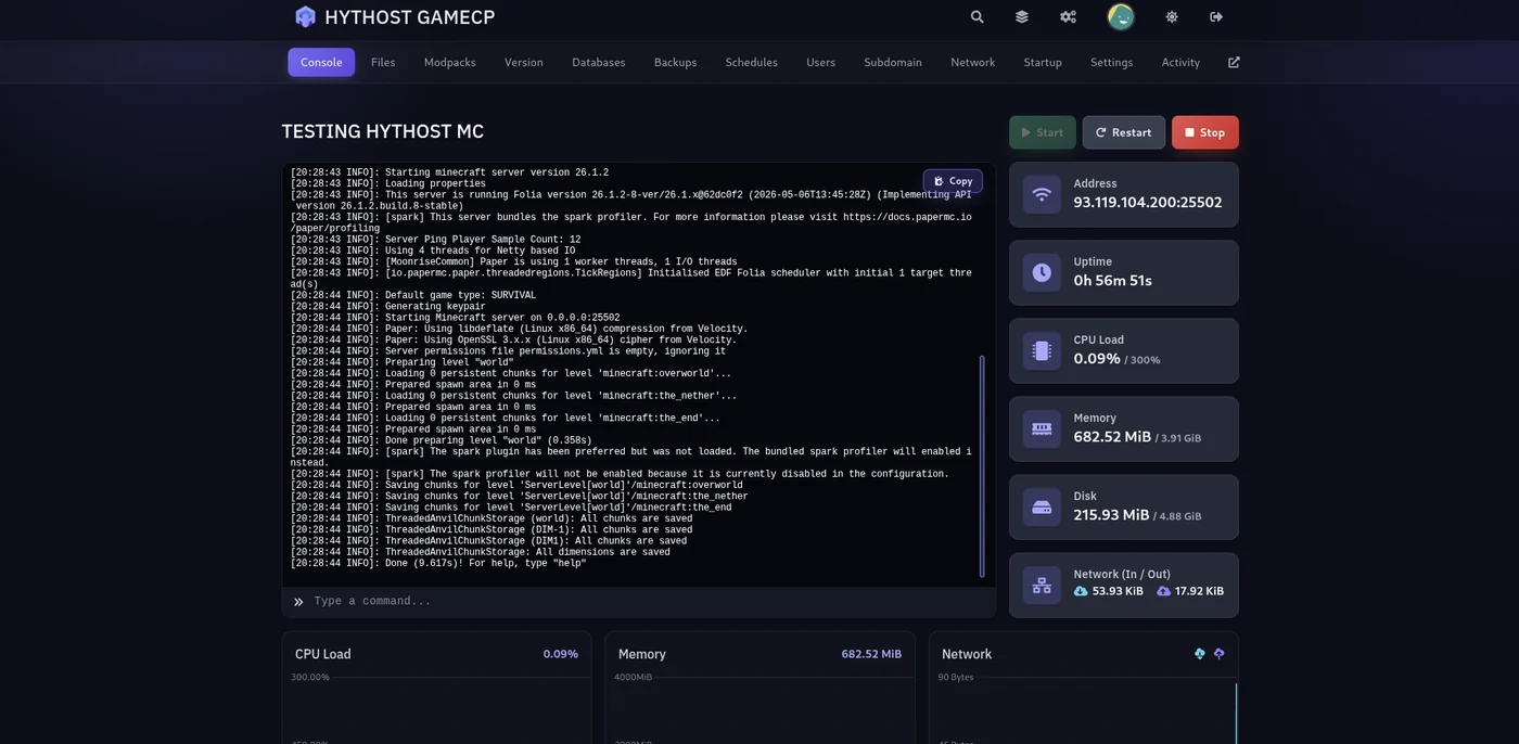 HytHost GameCP panel Console tab showing a Paper server's live startup log and a command input box, with Files and Version tabs above and live uptime, CPU and memory stats alongside